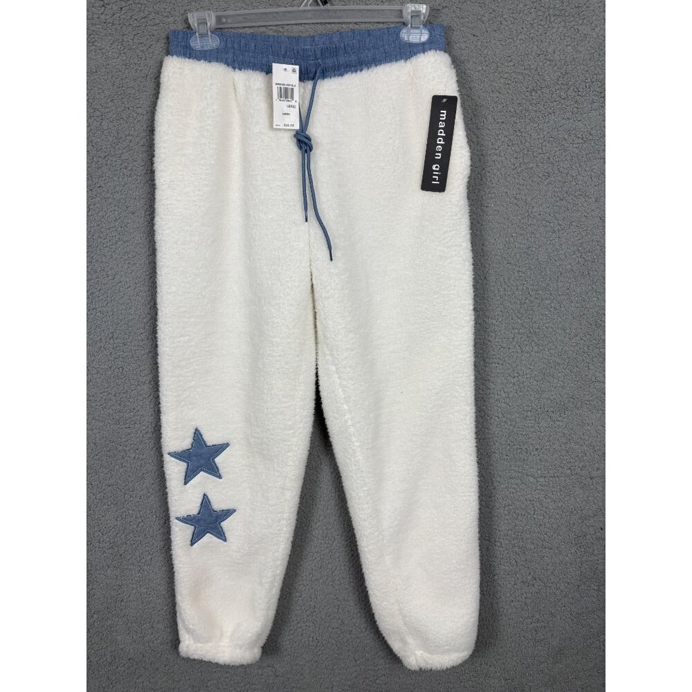 Madden Girl Juniors' Sherpa Denim Star Fleece Jogger Pants Large Multicolor NWTs